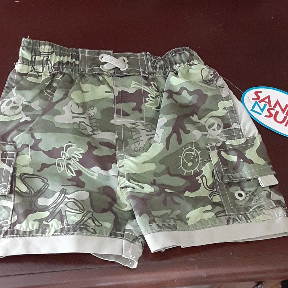 Sand n Sun Double green camo Cargo Swim Trunk pirates palms surf sz 12mo New…